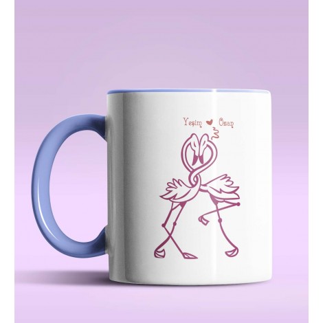 Kişiye Özel Love Flamingo Tasarım Mavi Renk Kupa