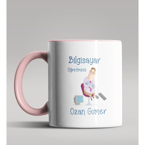 Kişiye Özel Bilgisayar Öğretmeni Tasarımlı Pembe Renk Kupa