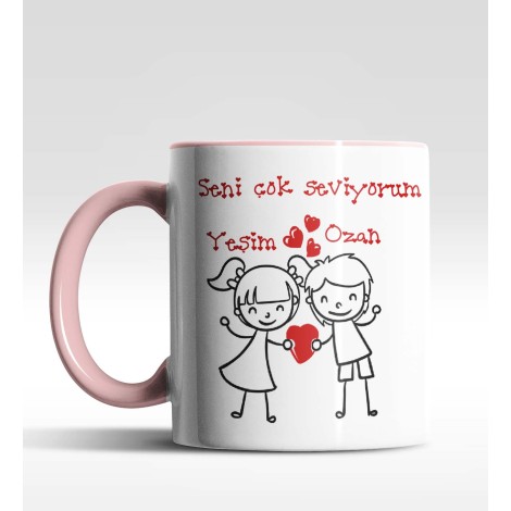 Kişiye Özel Kız Erkek Tasarım Pembe Renk Kupa