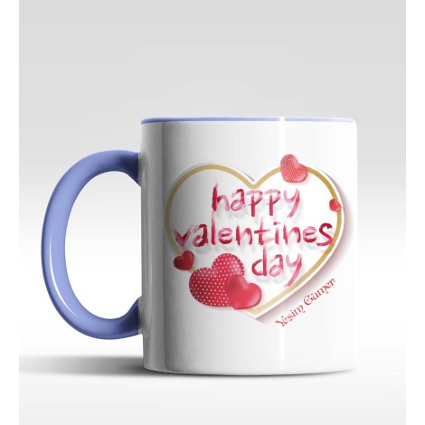Kişiye Özel Happy Valentines Day Tasarımlı Mavi Renk Kupa
