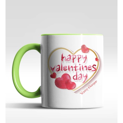 Kişiye Özel Happy Valentines Day Tasarımlı Yeşil Renk Kupa