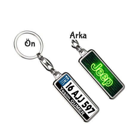 Kişiye Özel Jeep Neon Yeşil Logo Tema Plaka Anahtarlık - Gümüş Krom Kaplama