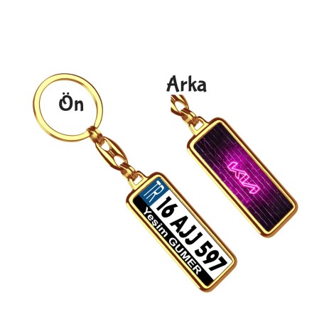 Kişiye Özel Kia Neon Pembe Logo Tema Plaka Anahtarlık - Altın Krom Kaplama