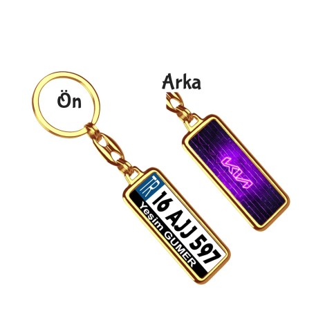 Kişiye Özel Kia Neon Mor Logo Tema Plaka Anahtarlık - Altın Krom Kaplama
