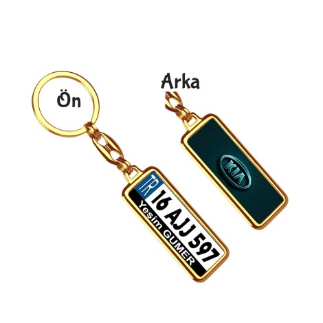 Kişiye Özel Kia VIP Mavi Logo Tema Plaka Anahtarlık - Altın Krom Kaplama