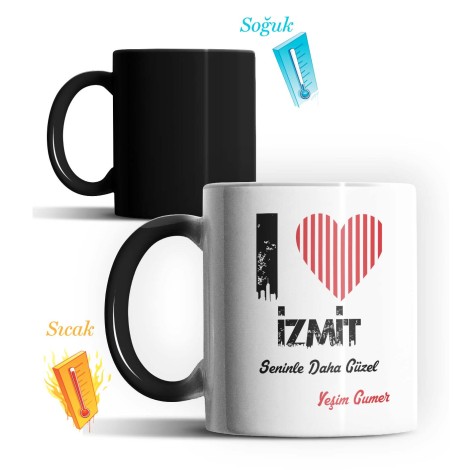 Kişiye Özel İzmit Seninle Daha Güzel Tema Sihirli Kupa Bardak