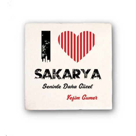 Kişiye Özel Sakarya Seninle Daha Güzel Tema Doğal Taş Bardak Altlığı