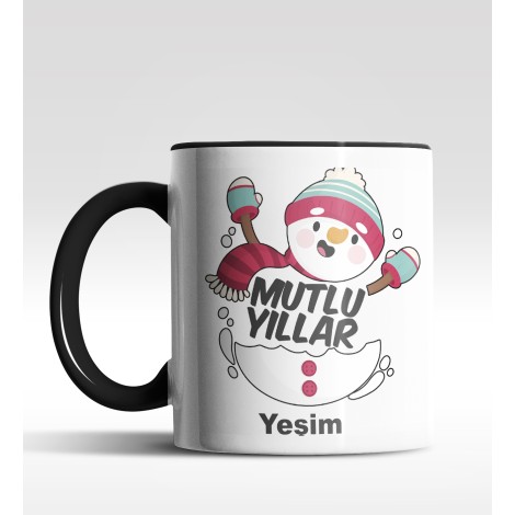 Kişiye Özel Mutlu Yıllar Kardan Adam Tasarımlı Siyah Kupa