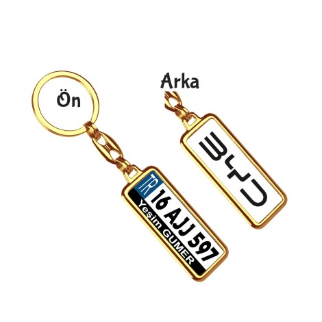 Kişiye Özel BYD Siyah Logo Tema Plaka Anahtarlık - Altın Krom Kaplama