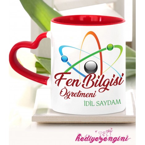 Kişiye Özel Fen Bilgisi Öğretmeni 2 Tema Kalp Saplı Kırmızı Kupa