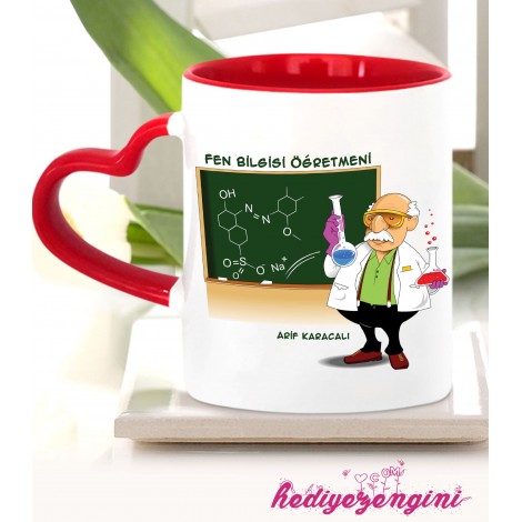 Kişiye Özel Fen Bilgisi Öğretmeni Temalı Kalp Saplı Kırmızı Kupa