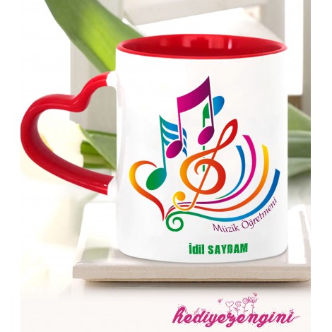 Kişiye Özel Müzik Öğretmeni 4 Temalı Kalp Saplı Kırmızı Kupa