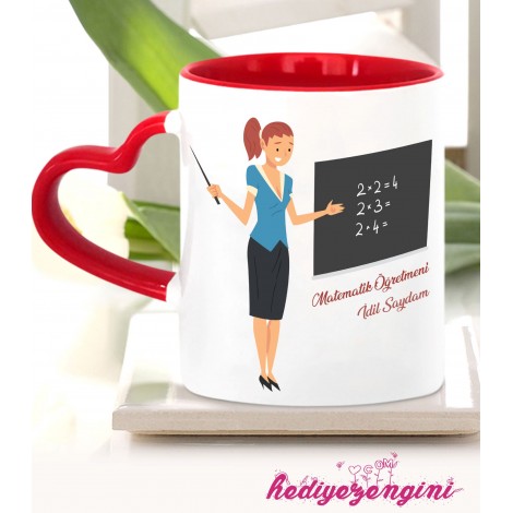 Kişiye Özel Matematik Öğretmeni 12 Temalı Kalp Saplı Kırmızı Kupa