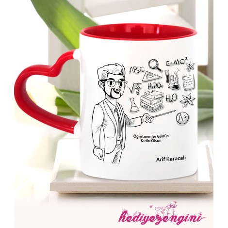 Kişiye Özel Öğretmenler Günü 2 Temalı Kalp Saplı Kırmızı Kupa