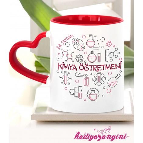 Kişiye Özel Kimya Öğretmeni 5 Temalı Kalp Saplı Kırmızı Kupa