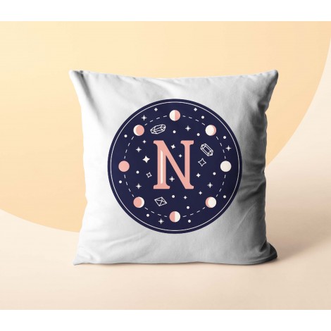 N Harfi Tasarımlı Astroloji Temalı Saten Kare Yastık