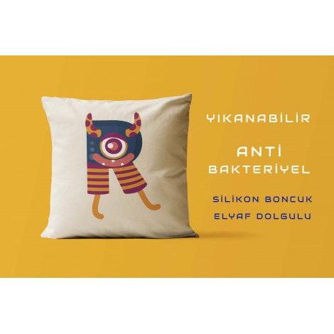 R Harfi Tasarımlı Monster Canavarlar Temalı Saten Kare Yastık