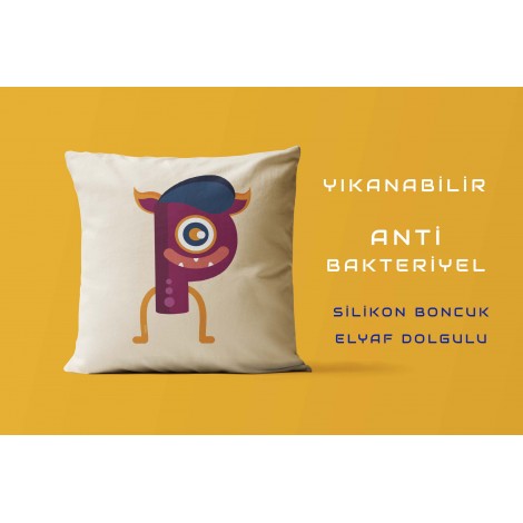 P Harfi Tasarımlı Monster Canavarlar Temalı Saten Kare Yastık