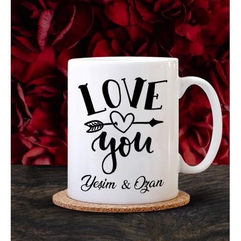 Kişiye Özel Sevgililer Günü Tema Love You Tasarımlı Beyaz Kupa