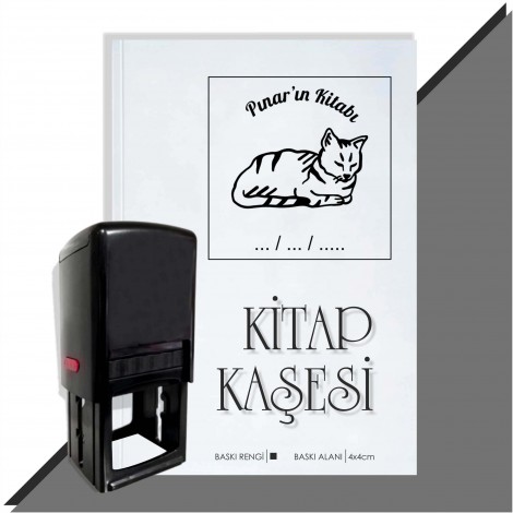 Kişiye Özel  Kedi Tarihli Kitap Kaşesi - Siyah