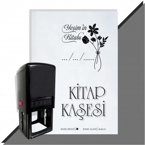 Kişiye Özel Çiçek Buketi 4 Tarihli Otomatik Kitap Kaşesi - Siyah