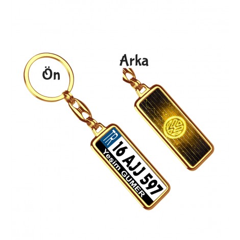 Kişiye Özel Plaka Metal Anahtarlık | Wolksvagen Neon Sarı Logo - Altın Krom Kaplama