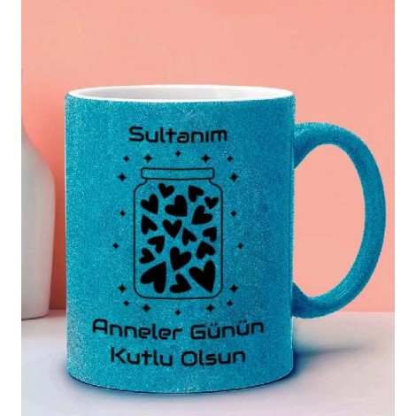 Anneler Günün Kutlu Olsun Tasarımlı Mavi Simli Kupa Bardak