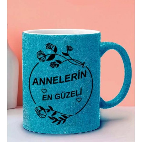 Anneler Gününe Özel Annelerin En Güzeli Tasarımlı Mavi Simli Kupa
