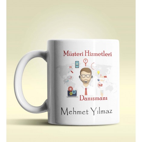 Kişiye Özel Müşteri Hizmetleri Tasarımlı Beyaz Kupa Bardak