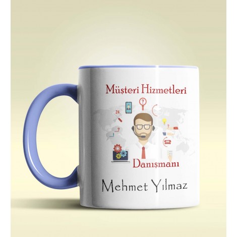 Kişiye Özel Müşteri Hizmetleri Tasarımlı Mavi Kupa Bardak
