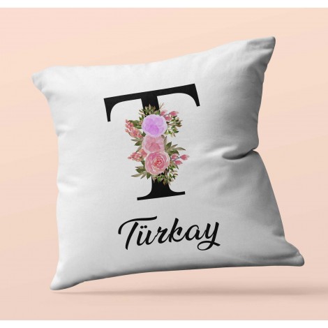 Kişiye Özel T Harfi Temalı Çiçekli Tasarım Saten Kare Yastık