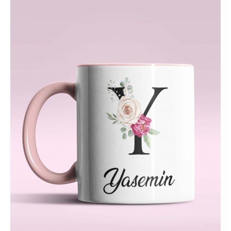 Kişiye Özel Y Harfi Temalı Gül Tasarım Pembe Renk Kupa