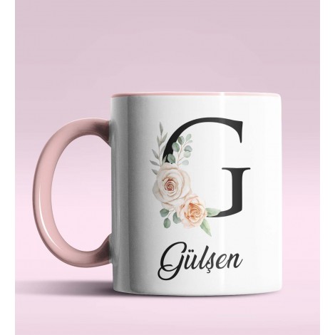 Kişiye Özel G Harfi Temalı Gül Tasarım Pembe Renk Kupa