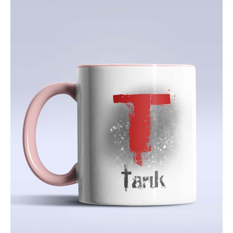 Kişiye Özel T Harfi Temalı Çizim Tasarım Pembe Renk Kupa