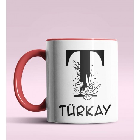 Kişiye Özel T Harfi Romantik Tasarım Kırmızı Renk Kupa