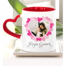 Kişiye Özel Fotoğraflı Kalp Çerçeve Tasarımlı Kırmızı Kalp Saplı Kupa