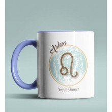 Kişiye Özel Aslan Burcu Temalı Astroloji Tasarım Mavi Renk Kupa