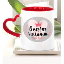 Kişiye Özel benim Sultanım Tasarımlı Kırmızı Kalp Saplı Kupa