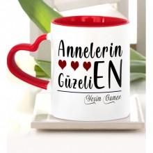 Kişiye Özel Annelerin En Güzeli Tasarımlı Kırmızı Kalp Saplı Kupa