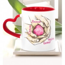 Kişiye Özel Canım Annem Tasarımlı Kırmızı Kalp Saplı Kupa