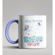 Kişiye Özel Türkçe Öğretmeni Tasarımlı Mavi Renk Kupa Bardak