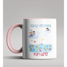 Kişiye Özel Türkçe Öğretmeni Tasarımlı Pembe Renk Kupa Bardak
