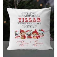 Kişiye Özel Mutlu Yıllar Köpekler Temalı Saten Kare Yastık