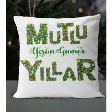 Kişiye Özel Mutlu Yıllar Çam Temalı Saten Kare Yastık