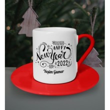 Kişiye Özel Happy New Year 2022 Tasarımlı Kırmızı Kahve Fincanı