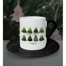 Kişiye Özel Mutlu Yıllar - Çam Ağaçları Tasarımlı  Kahve Fincanı