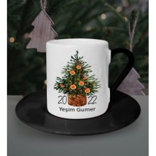 Kişiye Özel Ağaç 2022 Tasarımlı Siyah Kahve Fincanı
