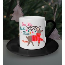 Kişiye Özel Yeni Yılın Kutlu Olsun Geyik Tasarımlı  Kahve Fincanı