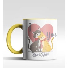 Kişiye Özel I Love You KedilerTasarımlı Sarı Renk Kupa