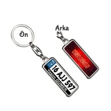 Kişiye Özel Isuzu Neon Kırmızı Logo Tema Plaka Anahtarlık - Gümüş Krom Kaplama